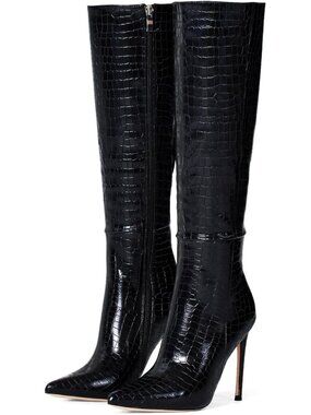 Women's 4 inch Knee High Long Boots Stiletto Pointed Toe Heeled Boot Black Grain